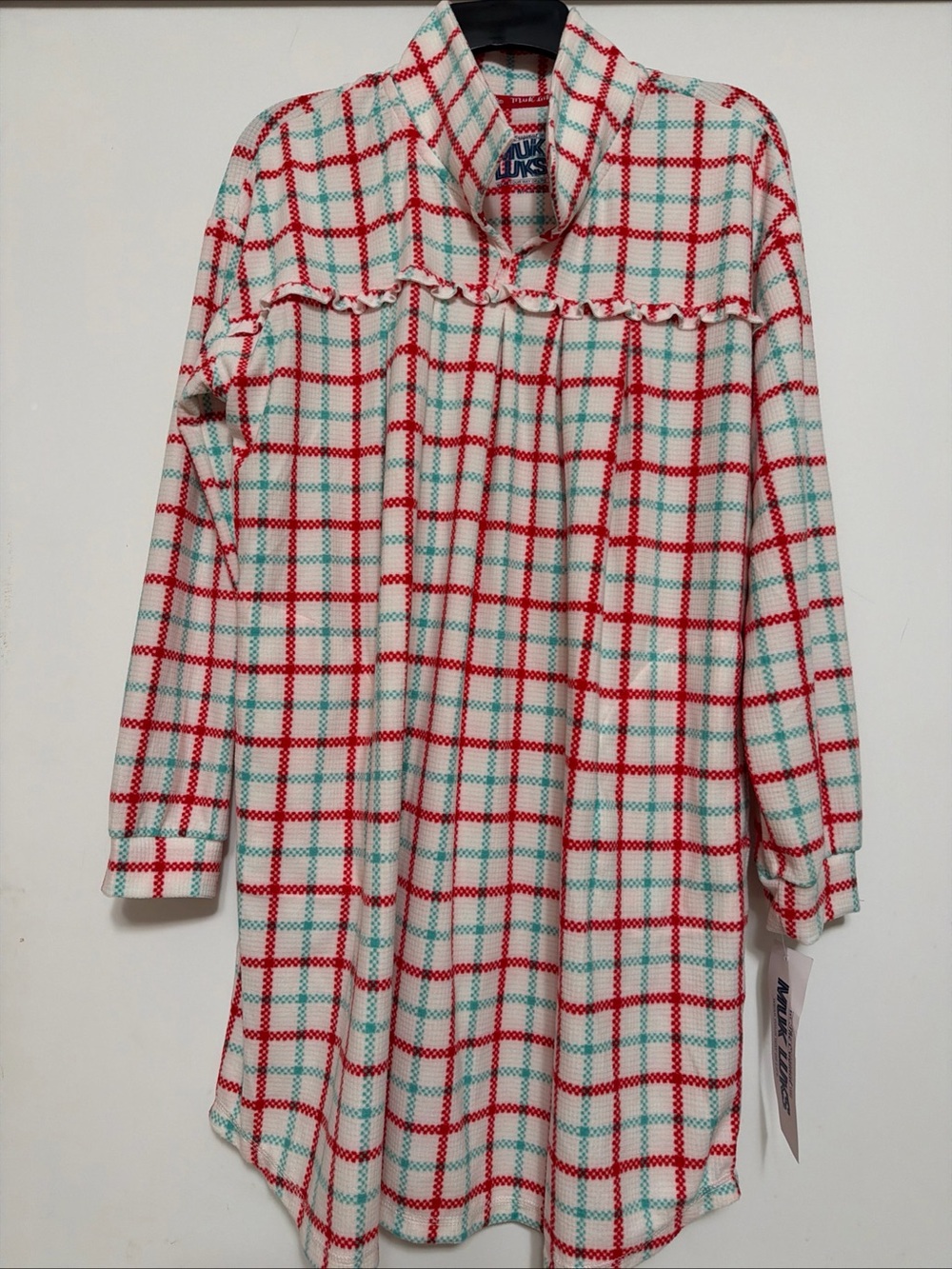 Plaid Long-Sleeve Women's Nightgown - White with Red & Teal